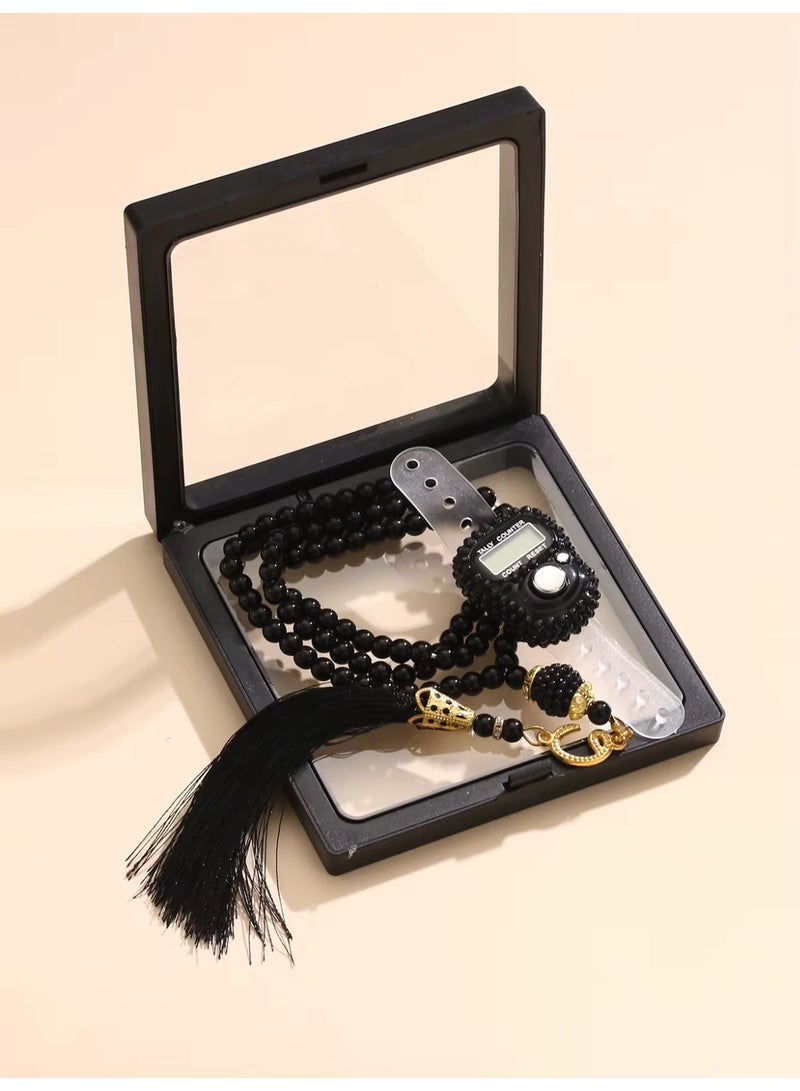 طقم سبحة مع عداد تسبيح الكتروني – تصميم انيق داخل بوكس هدايا (اسود) - Image 3